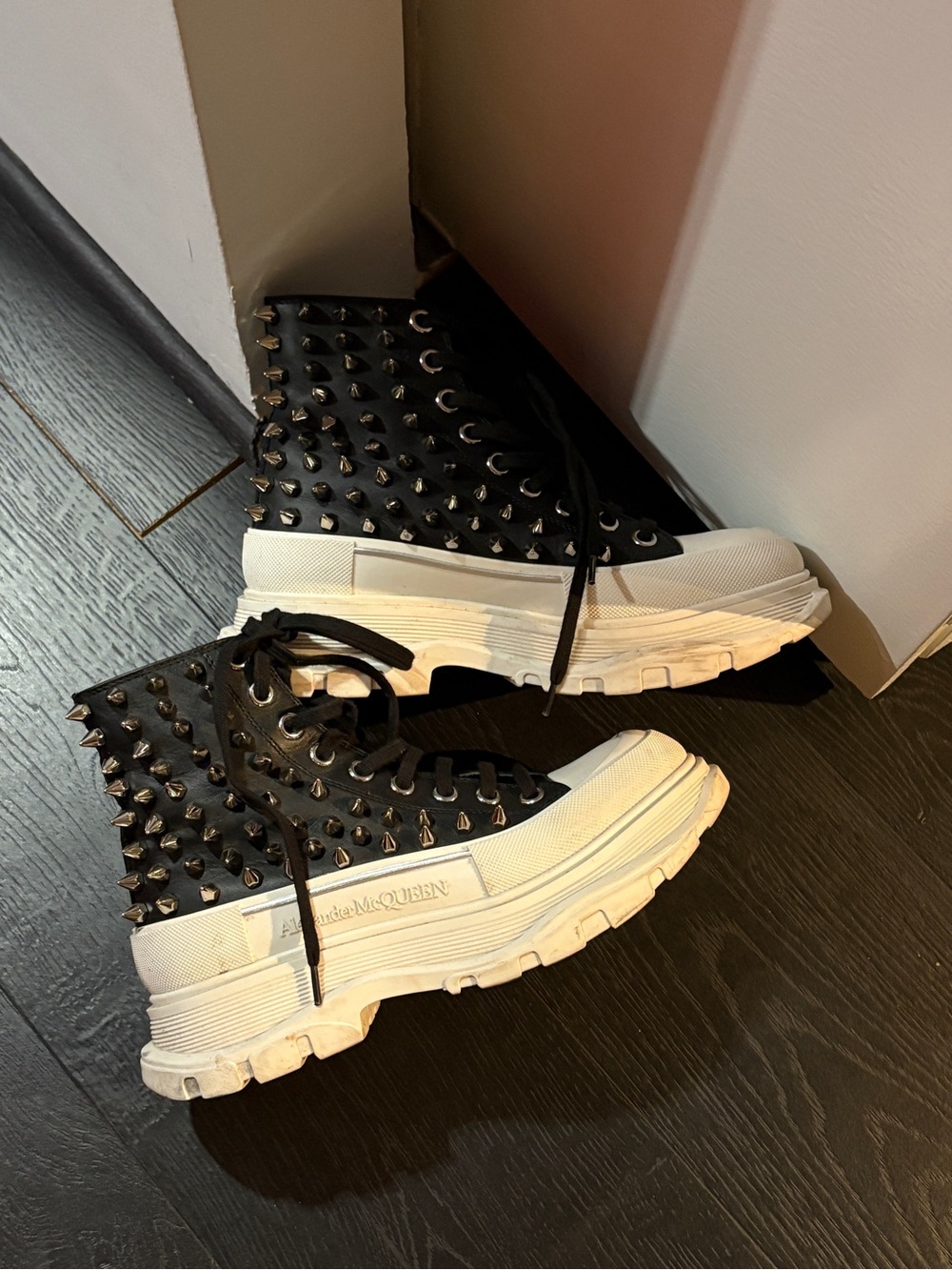 Alexander McQueen Black and White Spiked Platform Lace-Up Boots